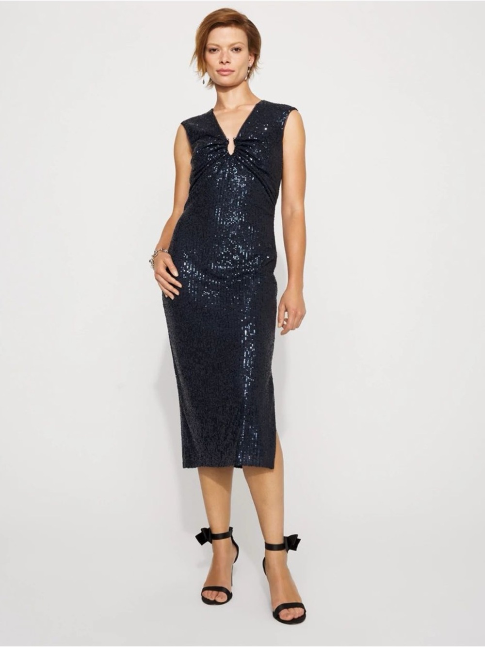 Sleeveless Navy Sequin Midi Dress with Keyhole Detail